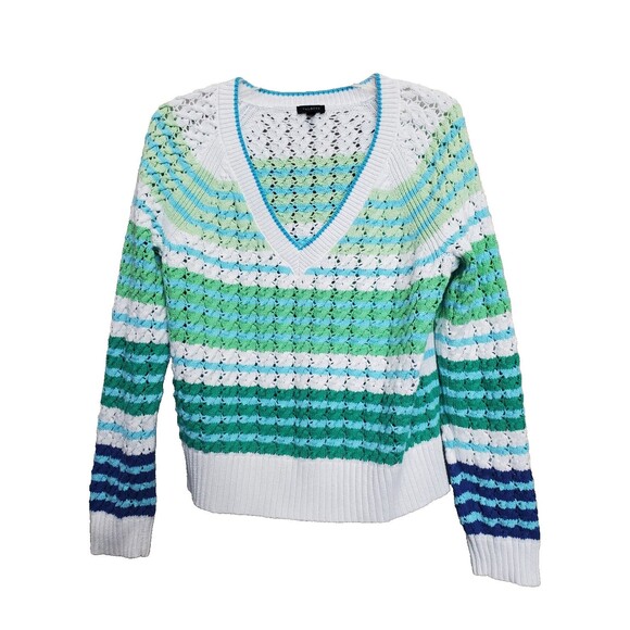 Talbots Cotton Striped Open Stitch V-Neck Pullover Sweater Size Medium Preppy - Picture 1 of 5
